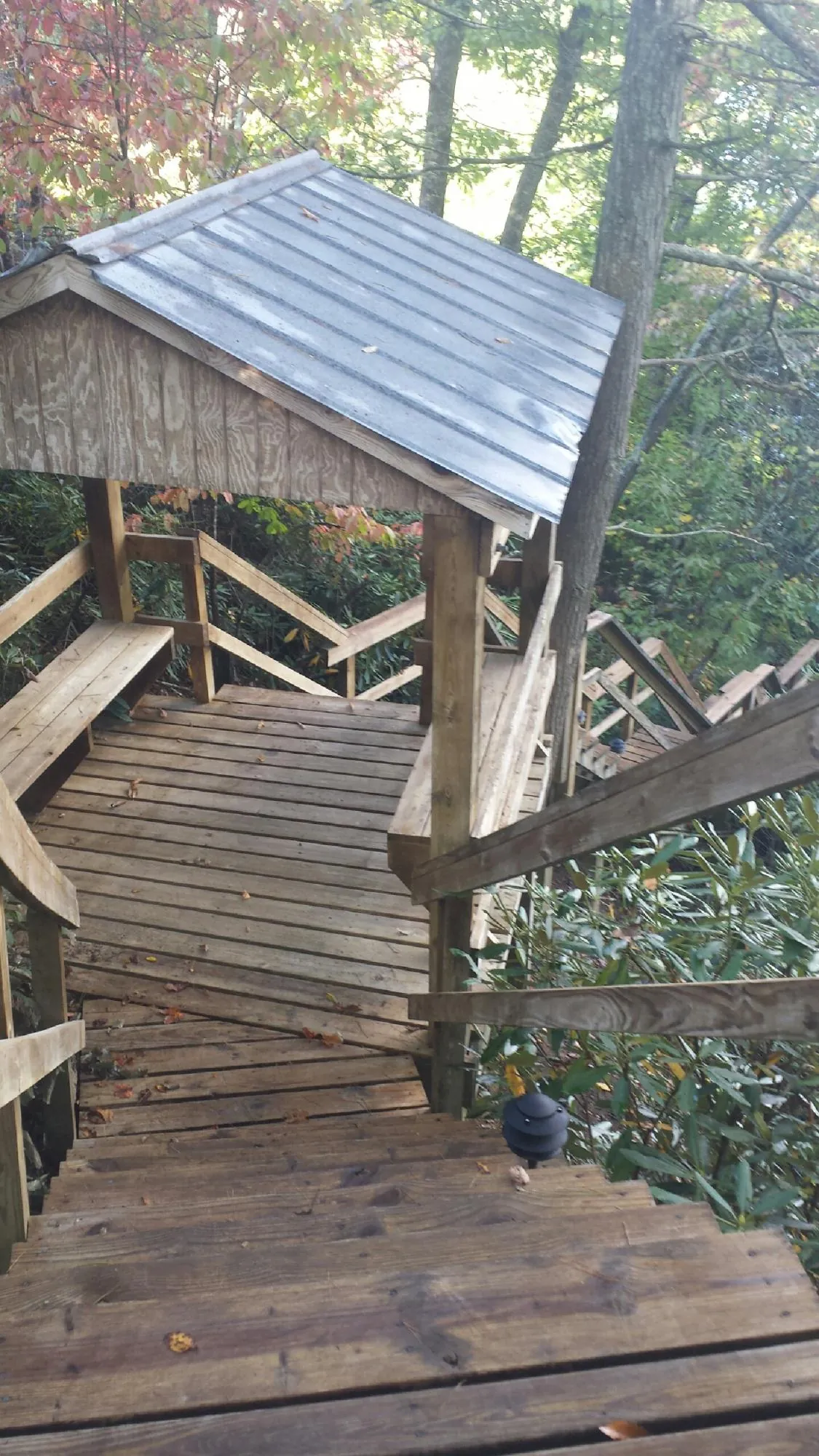 Metal roofed shelter over wooden steps on a wooded walkway — Skylight Repair & Installation work by our crew in Bentonia